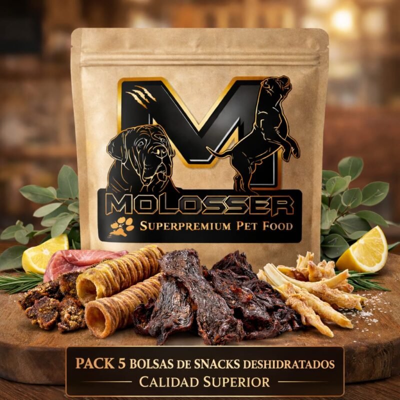Pack de cinco bolsas de snacks deshidratados Molosser