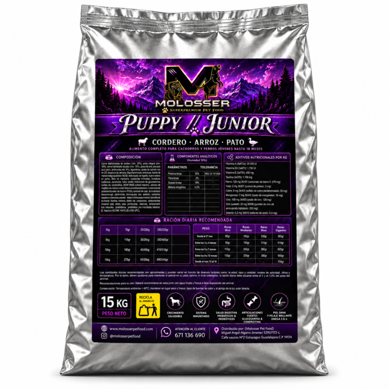 Molosser Puppy / Junior Cordero, Arroz y Pato 15 kg