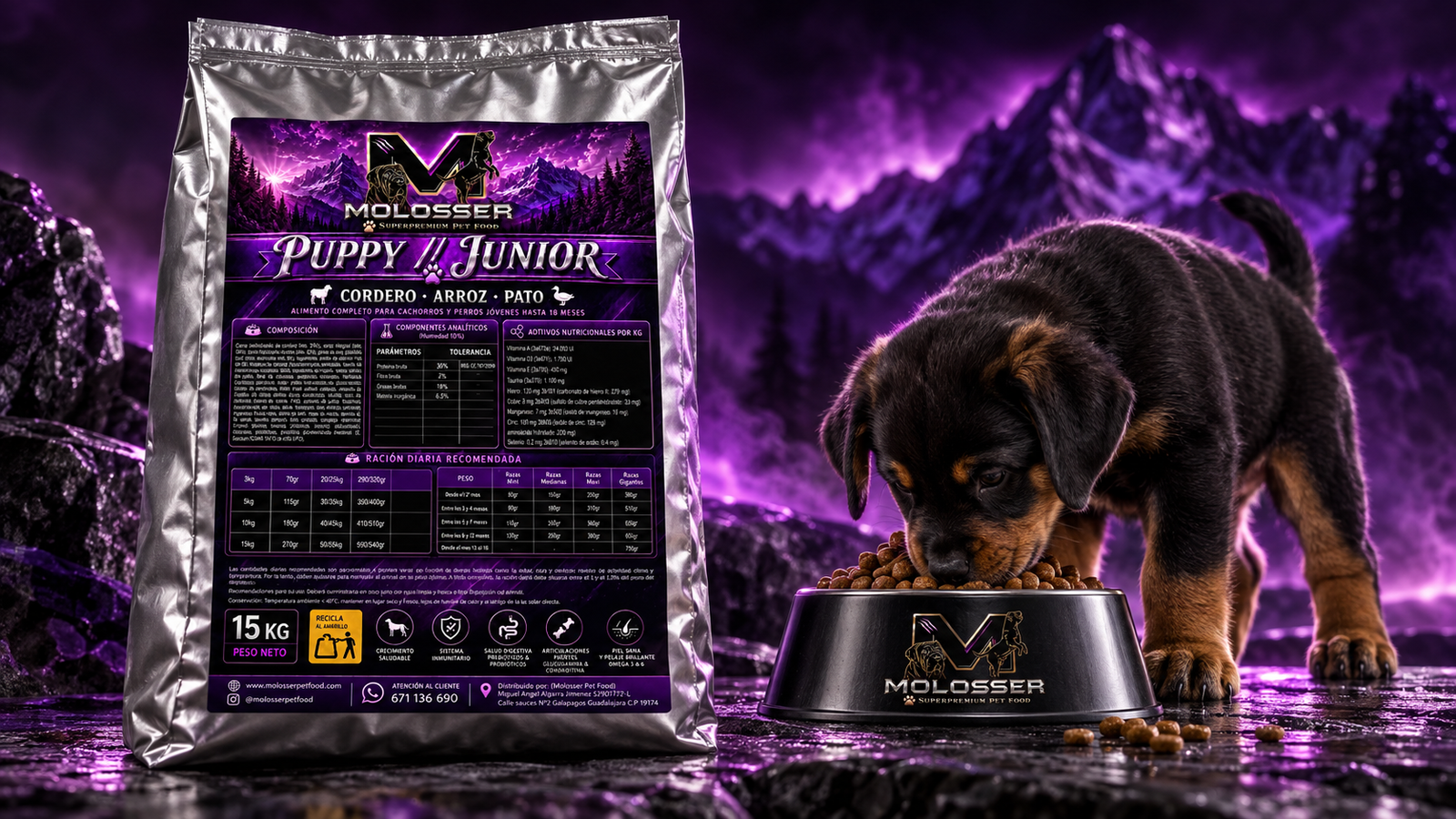 Molosser Puppy / Junior Cordero, Arroz y Pato 15 kg